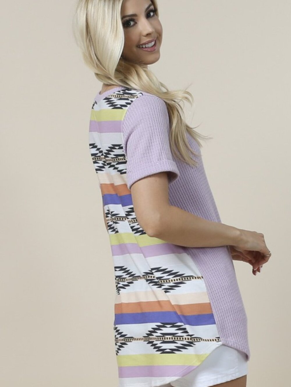 Aztec Print Color Block Waffle Top - Picture 2 of 4